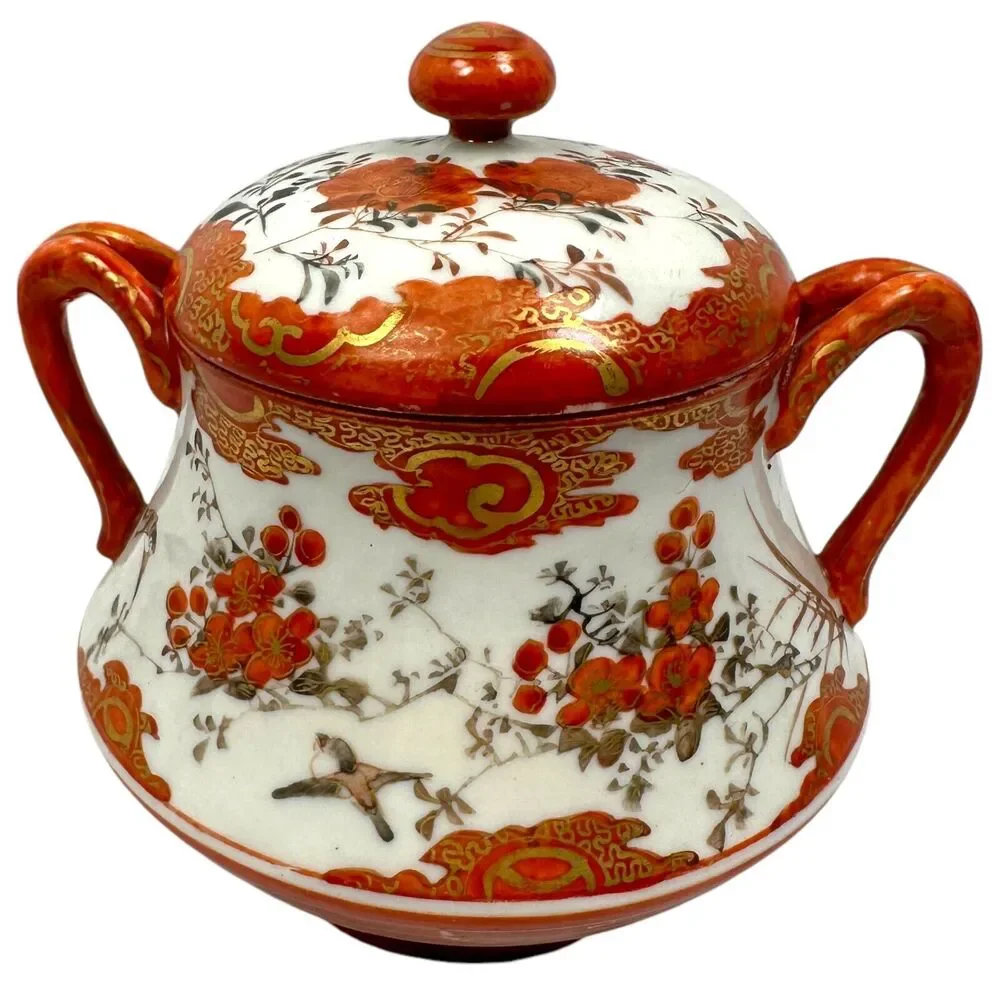 Antique Japanese Kutani Porcelain Creamer Sugar Dish White Meiji Floral‎ Vintage